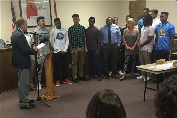 Weaver High School Track Team being recognized at the July 18 2017 Board Meeting 